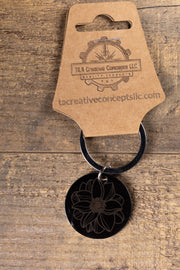 Mandala Flower Keychain – Black Stainless Steel, Double-Sided Engraved Charm