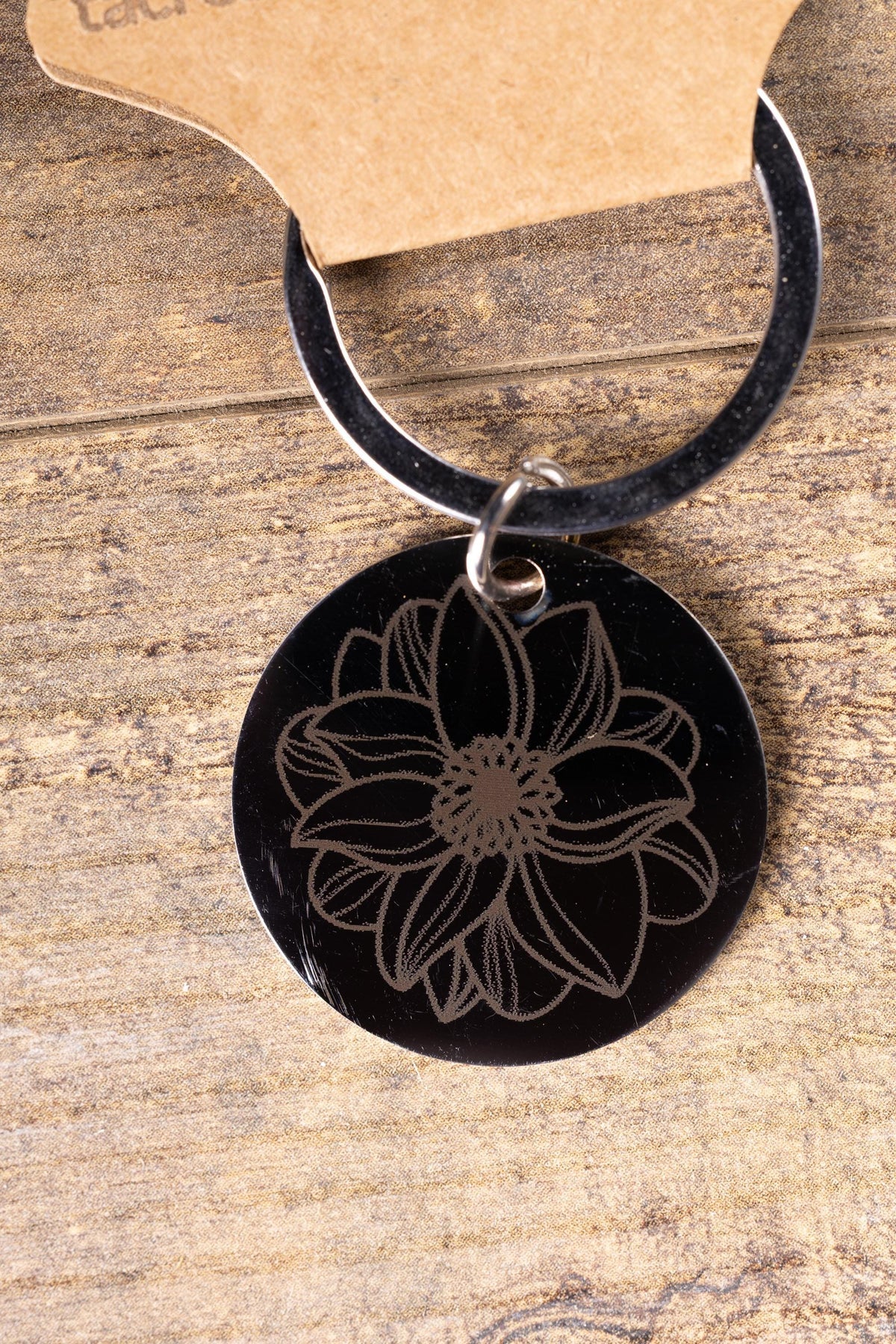 Mandala Flower Keychain – Black Stainless Steel, Double-Sided Engraved Charm