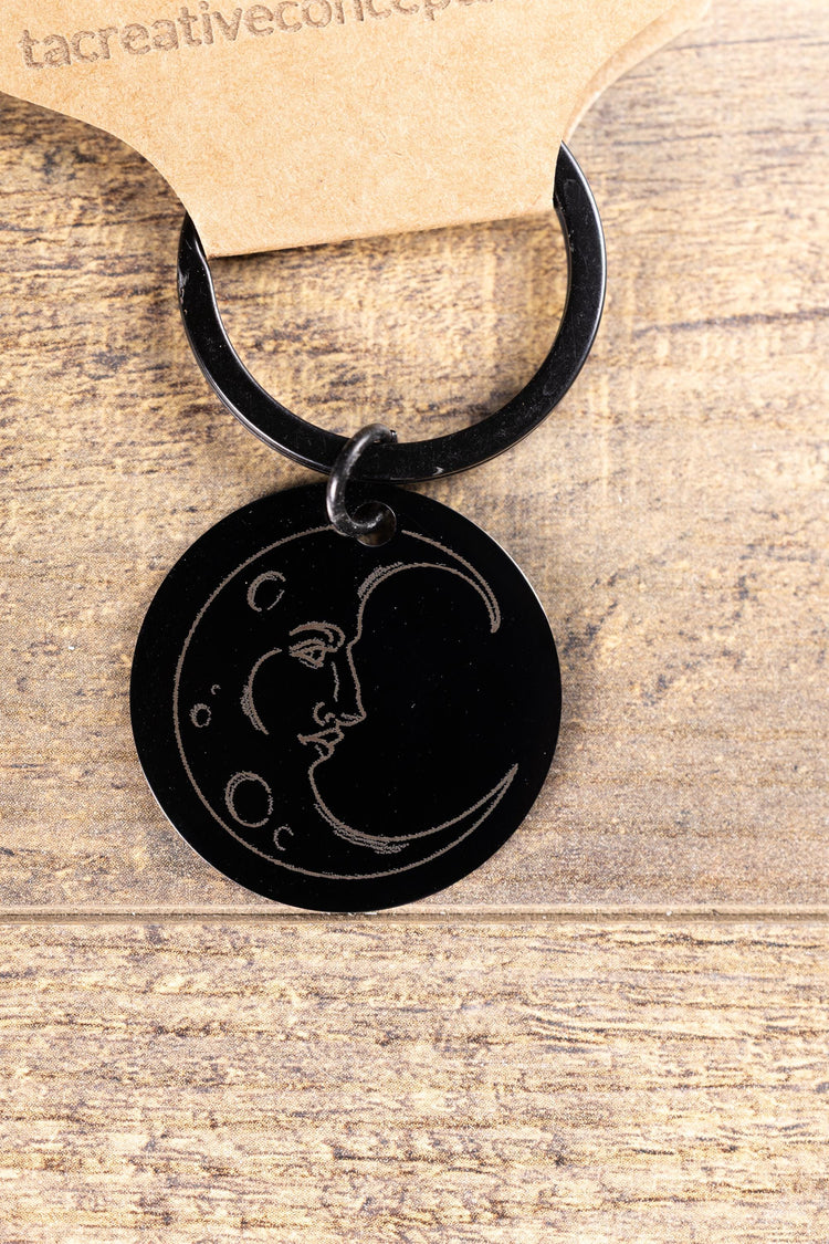 Moon Keychain: Celestial Night Sky Design (Black Stainless Steel)