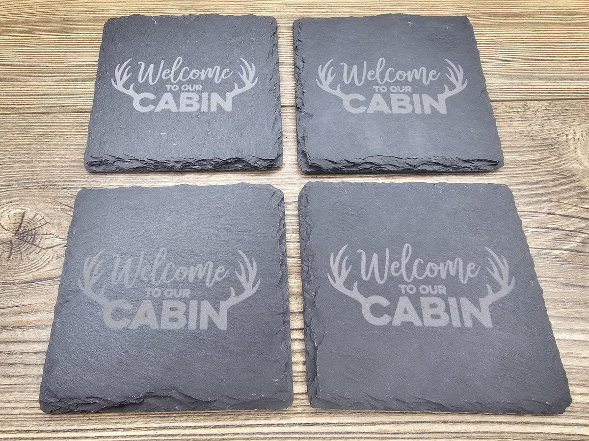 Rustic Slate Coasters – Laser Engraved Cabin Drink Pads | Set of 4 Durable Slate