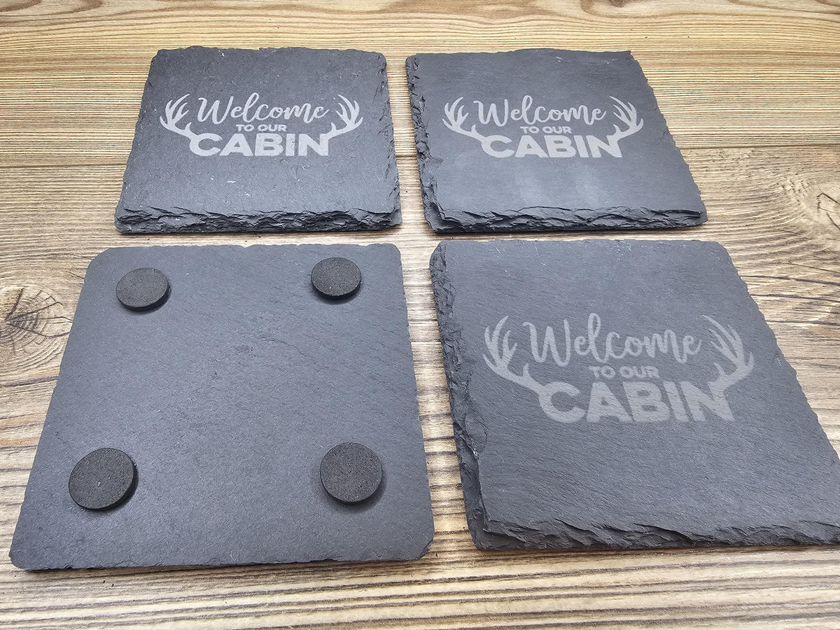 Rustic Slate Coasters – Laser Engraved Cabin Drink Pads | Set of 4 Durable Slate