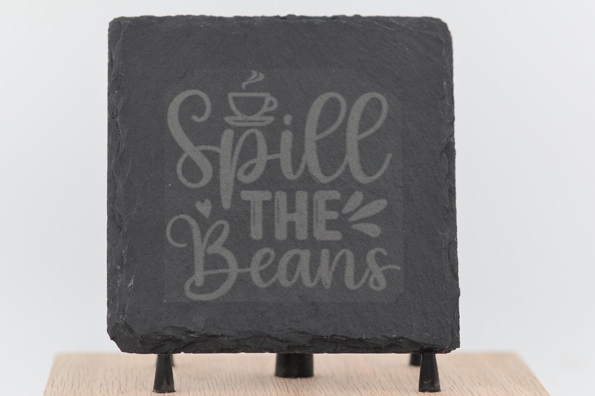 Slate Coasters Set – Spill the Beans Laser Engraved 4x4 Natural Slate Coasters