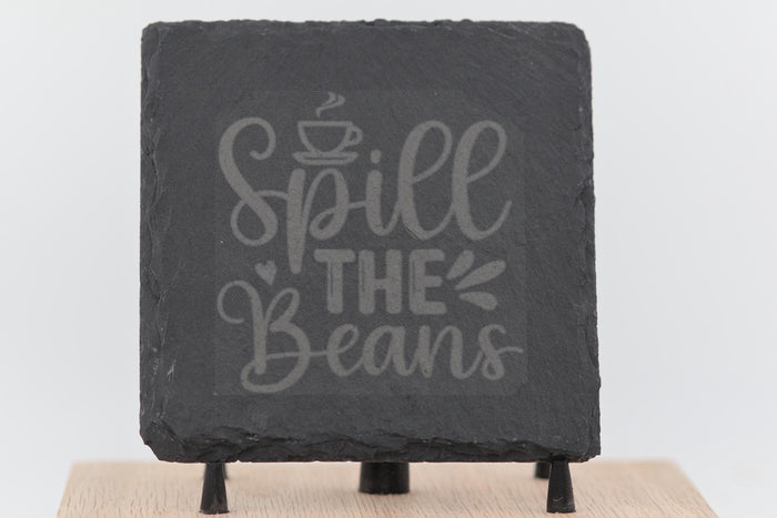 Spill the beans slate coasters: laser engraved, set of 4