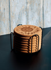 Rustic Cork Coasters - Set of 8 Sunflower Drink Set with Natural Cork Holder