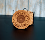 Rustic Cork Coasters - Set of 8 Sunflower Drink Set with Natural Cork Holder