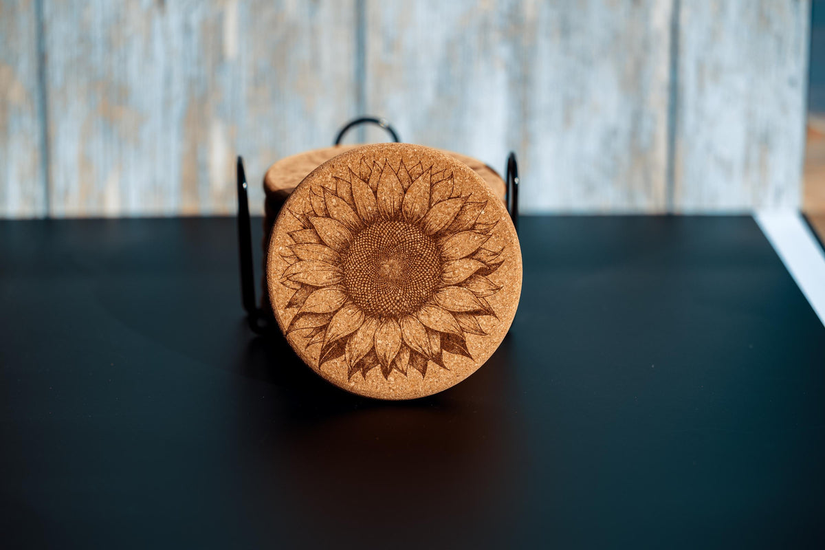 Rustic Cork Coasters - Set of 8 Sunflower Drink Set with Natural Cork Holder