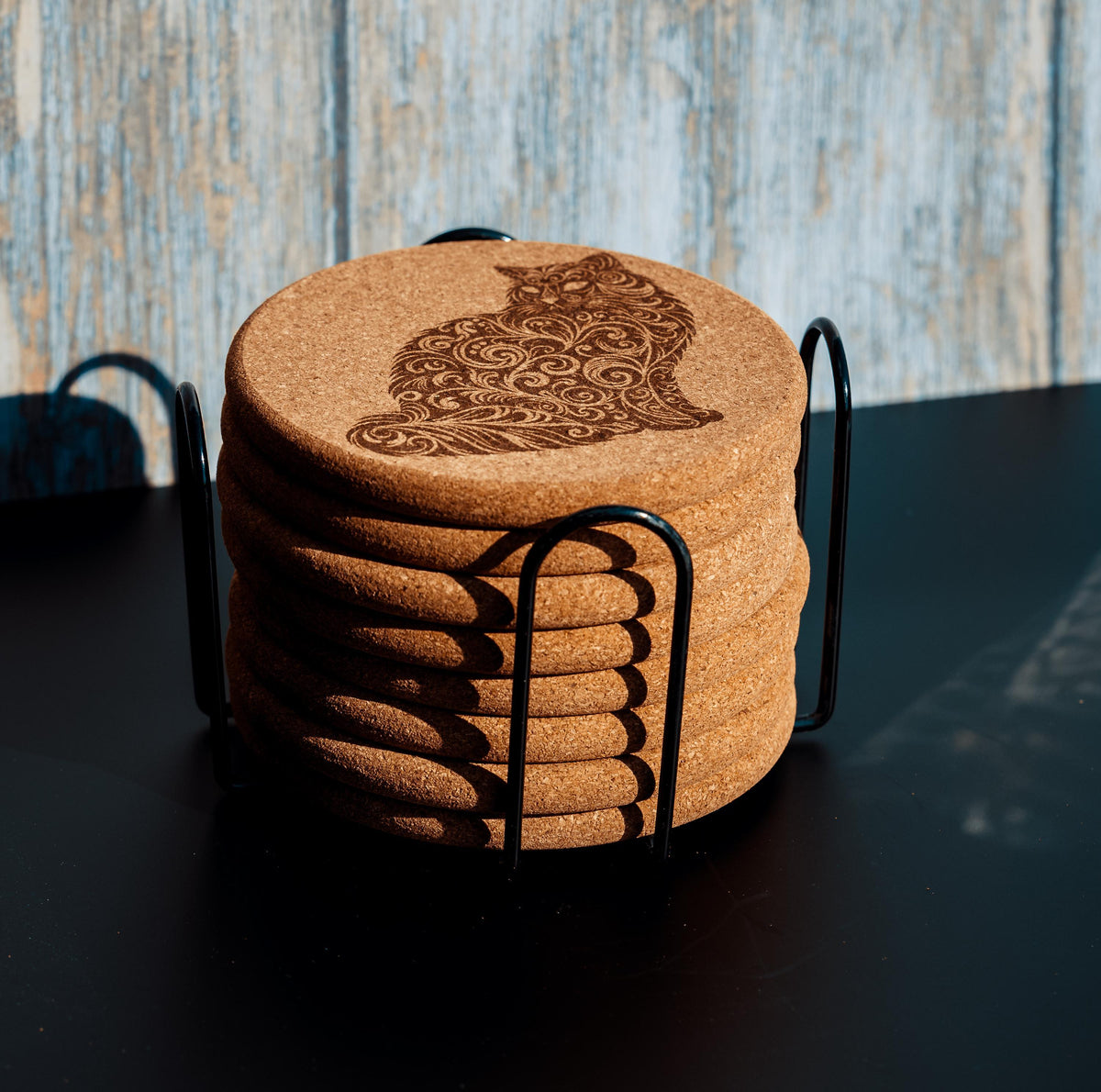 Cat Cork Coasters - Laser Engraved Natural Cork Set of 8 with Holder