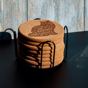 Cat Cork Coasters - Laser Engraved Natural Cork Set of 8 with Holder