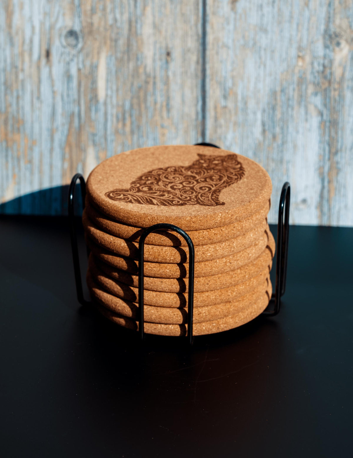 Cat Cork Coasters - Laser Engraved Natural Cork Set of 8 with Holder
