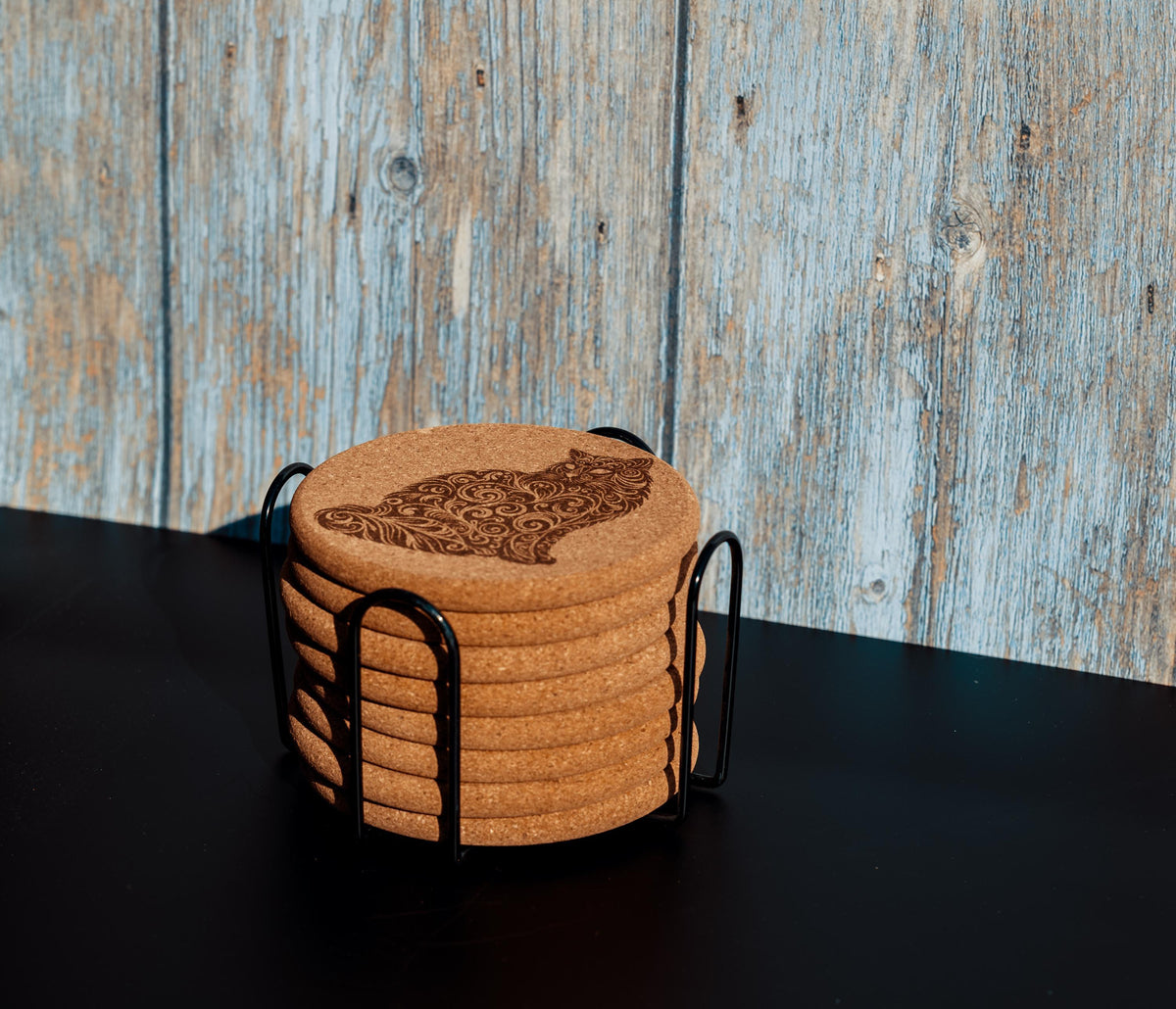 Cat Cork Coasters - Laser Engraved Natural Cork Set of 8 with Holder