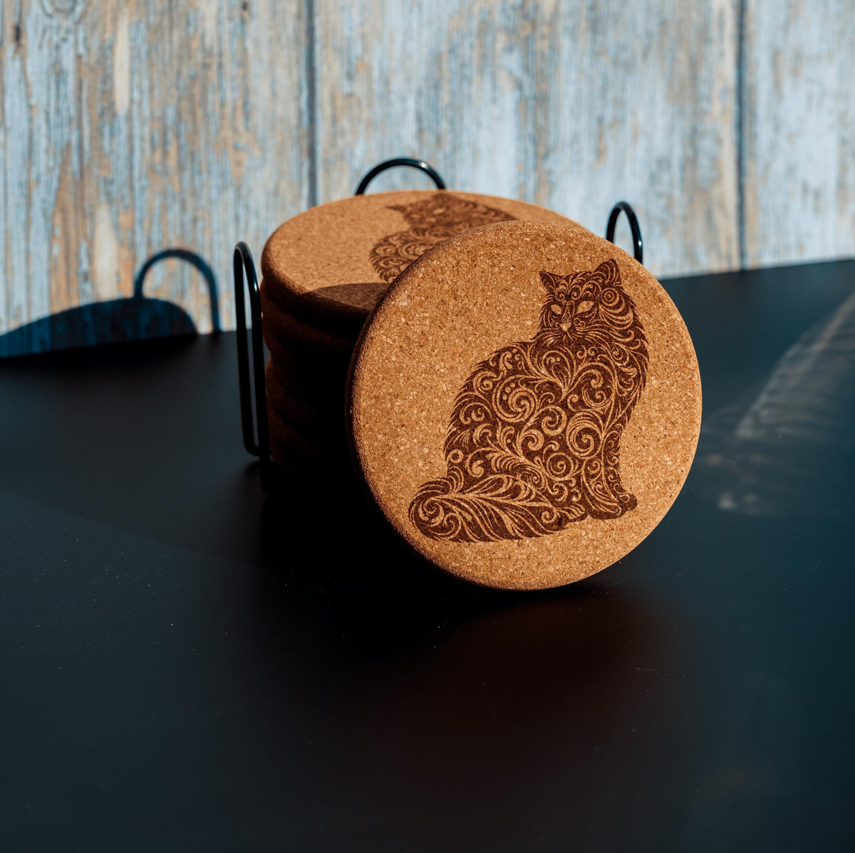 Cat Cork Coasters - Laser Engraved Natural Cork Set of 8 with Holder