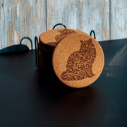 Cat Cork Coasters - Laser Engraved Natural Cork Set of 8 with Holder