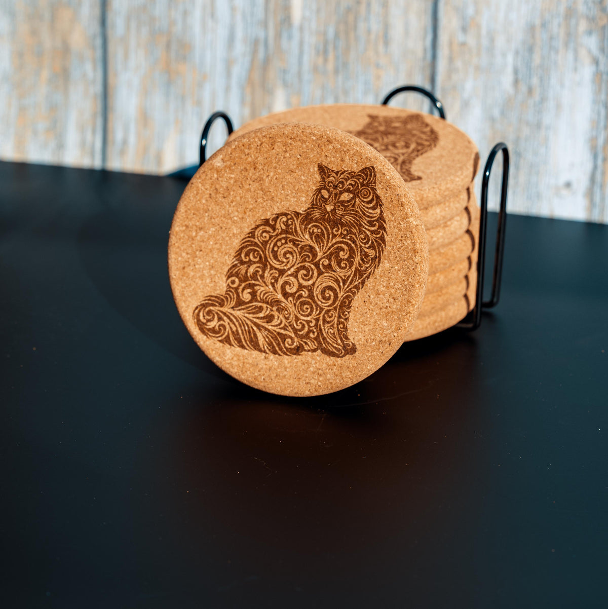 Cat Cork Coasters - Laser Engraved Natural Cork Set of 8 with Holder