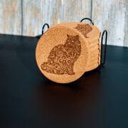 Cat Cork Coasters - Laser Engraved Natural Cork Set of 8 with Holder