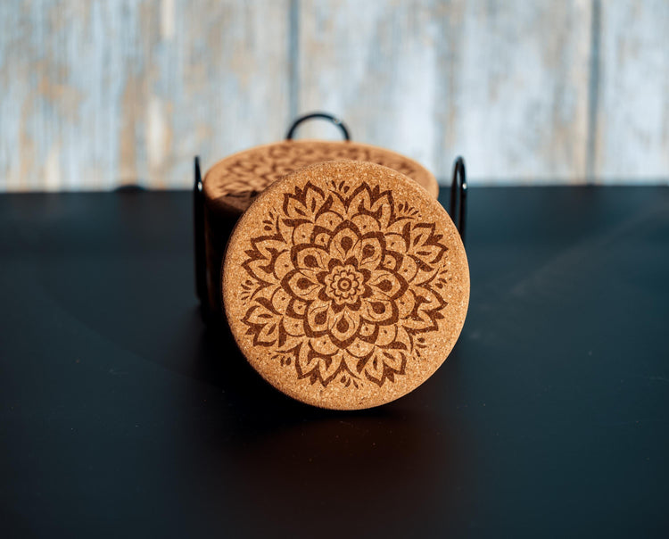 Mandala Cork Coasters Set - Laser Engraved with Matching Holder