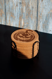 Halloween Pumpkin Coasters – Natural Cork Set | Laser Engraved Pumpkin Coaster Holder