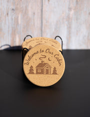 Rustic Cork Coasters - Welcome Cabin Coaster Set of 8 with Holder | Engraved Drink Mats