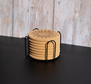 Sun Cork Coasters - Set of 8 Laser Engraved Boho Rustic Drink Mats with Holder