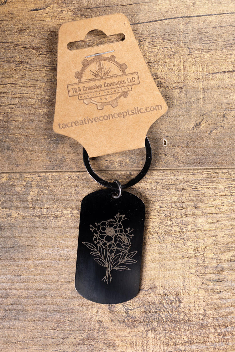 Black Floral Keychain - Lightweight Stainless Steel with Engraving