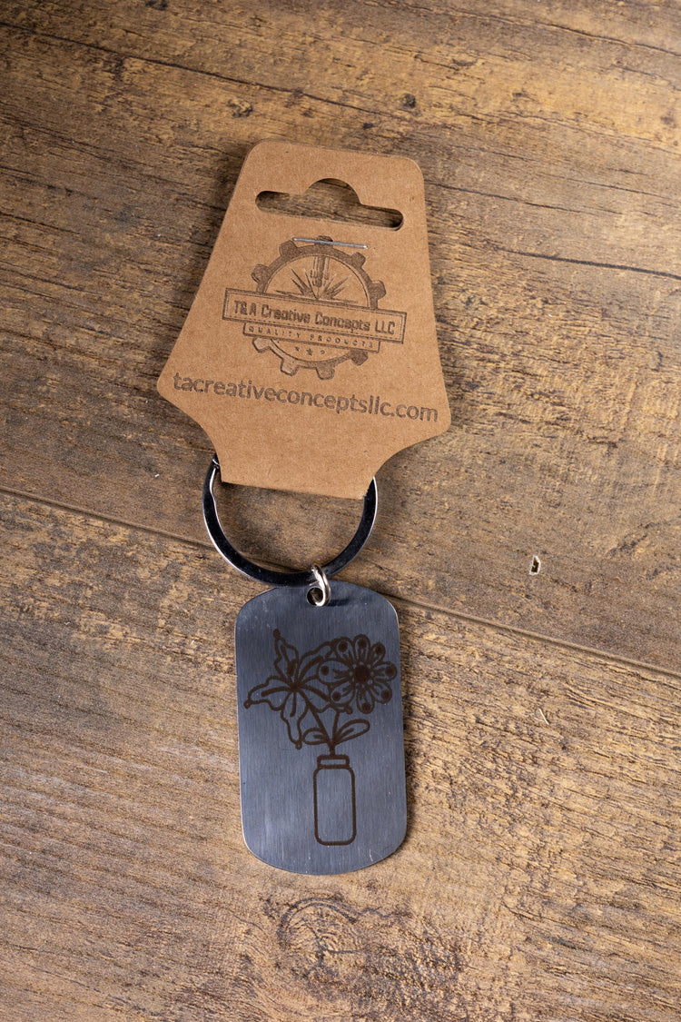 Floral Vase Stainless Steel Keychain, Engraved Mirror Shine (Lightweight)