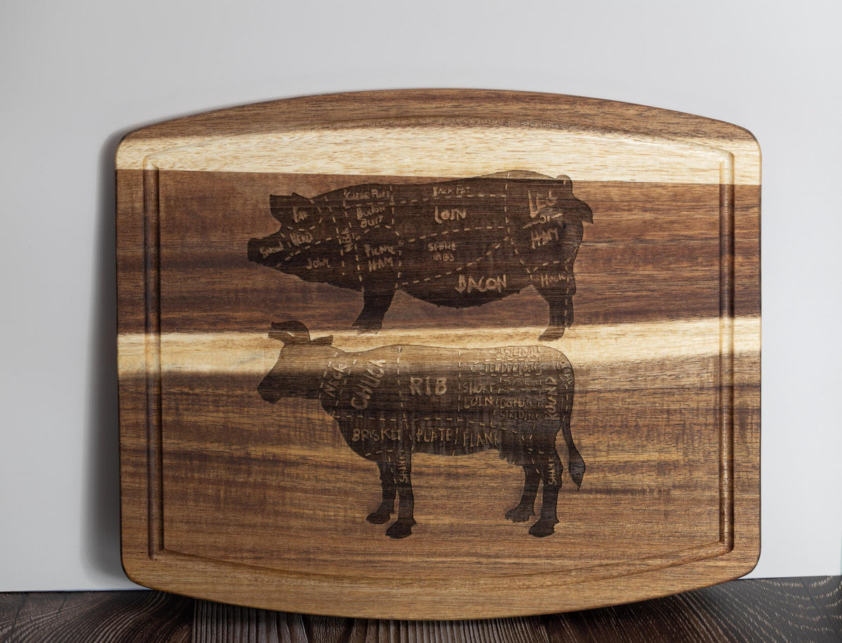 Butcher Diagram Cutting Board - Acacia Wood Pig & Cow Chart, Laser Engraved