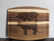 Butcher Diagram Cutting Board - Acacia Wood Pig & Cow Chart, Laser Engraved