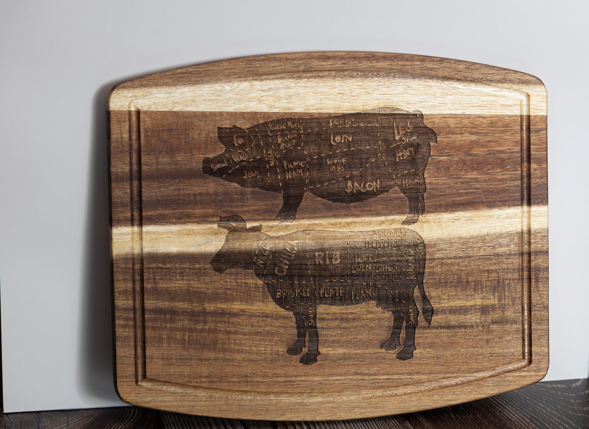 Butcher Diagram Cutting Board - Acacia Wood Pig & Cow Chart, Laser Engraved