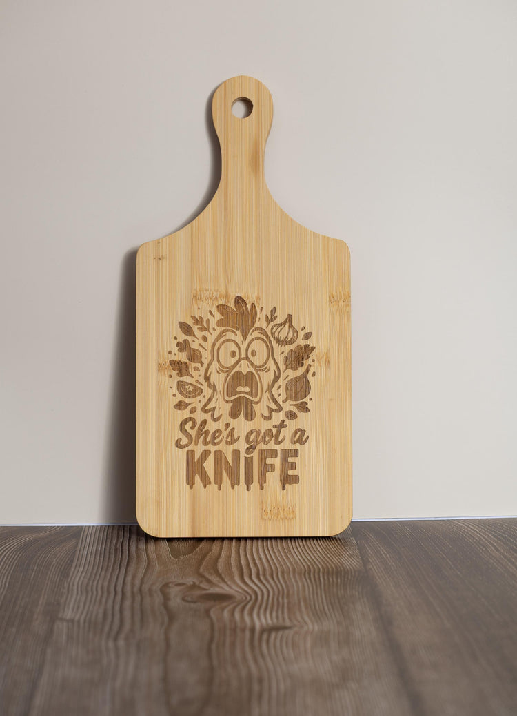 Funny Bamboo Cutting Board: 'She's Got a Knife' Engraved, 5x11"