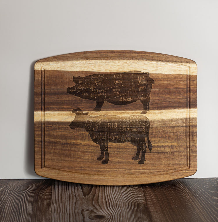 Butcher Diagram Cutting Board: Acacia Wood - Pig and Cow Engraved