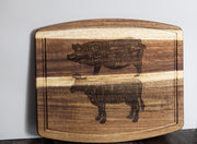 Butcher Diagram Cutting Board - Acacia Wood Pig & Cow Chart, Laser Engraved