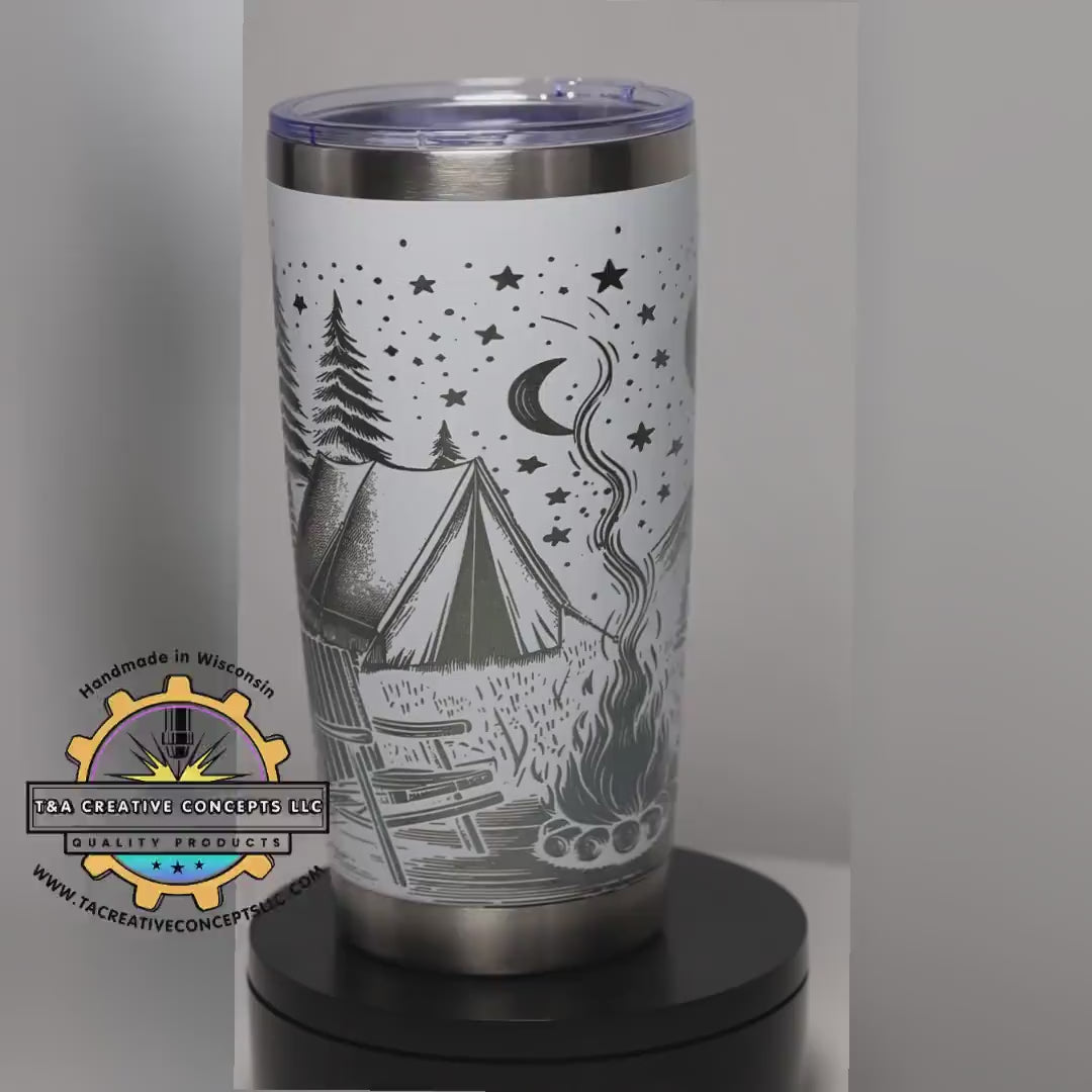 Stainless Steel Tumbler – 20oz Insulated Travel Mug with Engraved Camping Design
